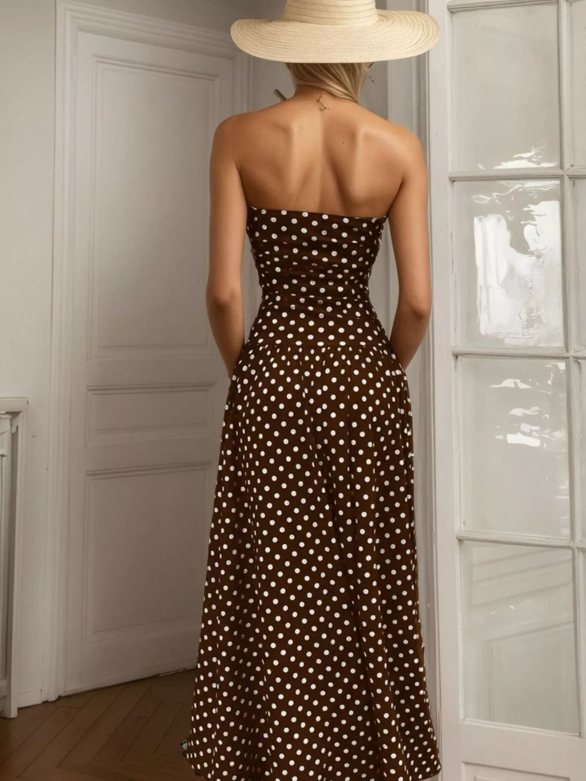 Polka dot strapless maxi dress back view