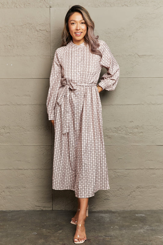 Printed Tie-Waist Long Sleeve Midi Dress – Casual A-Line Style Beige - Fashorio