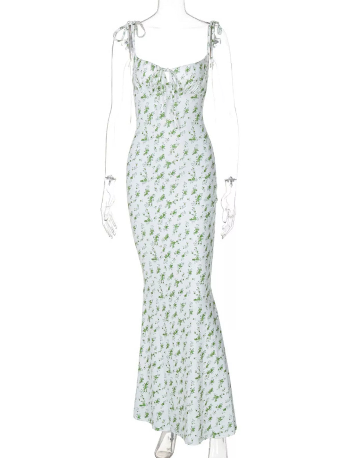 Floral tie strap bodycon maxi dress detail view
