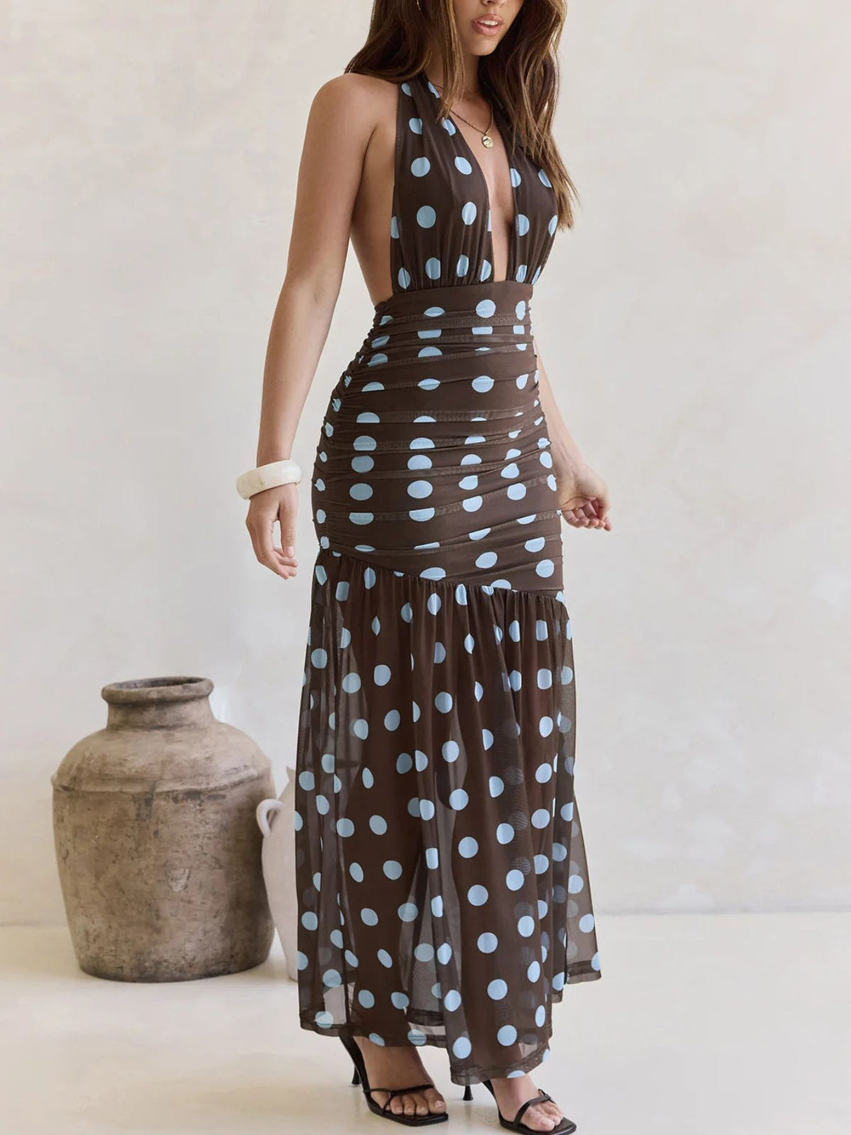 polka dot halter neck ruched maxi dress back view