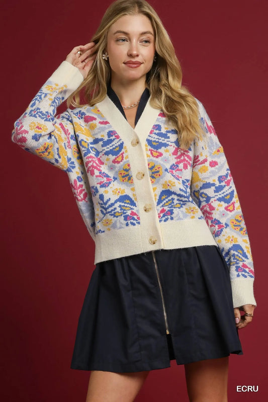 Umgee Floral Button-Up V-Neck Cardigan ECRU - Fashorio