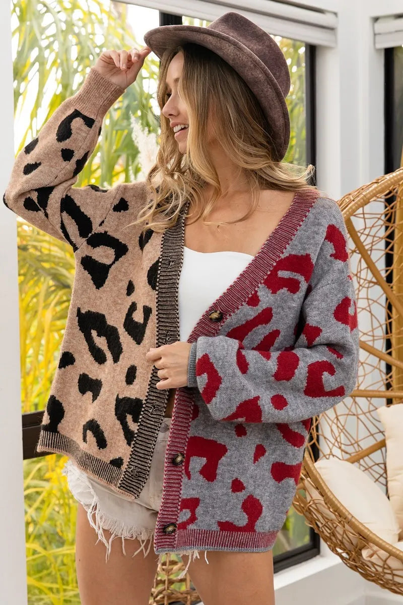 BiBi Leopard Color Block Button Down Sweater Cardigan TAUPE GREY MULTI - Fashorio