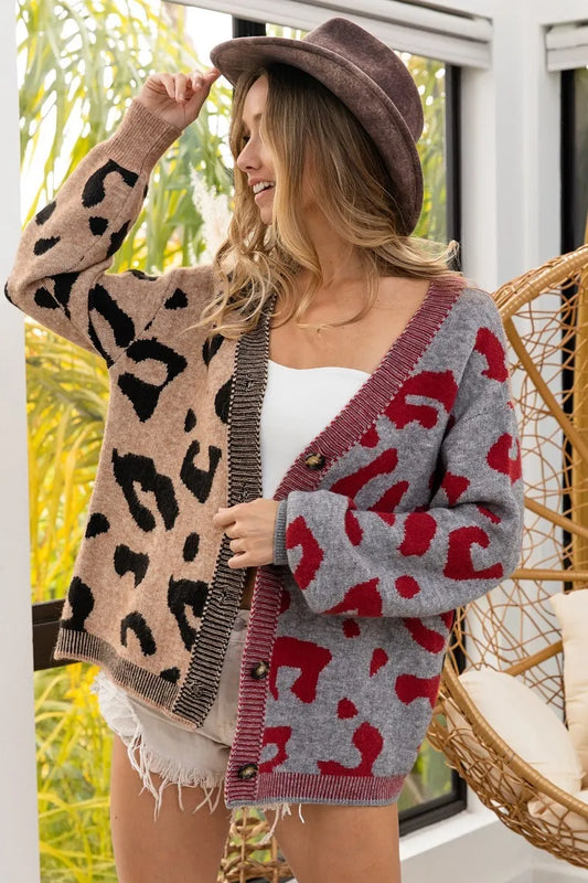 BiBi Leopard Color Block Button Down Sweater Cardigan TAUPE GREY MULTI - Fashorio