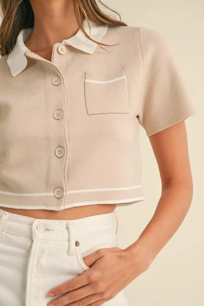 MABLE Button Down Contrast Collared Knit Cardigan - Fashorio
