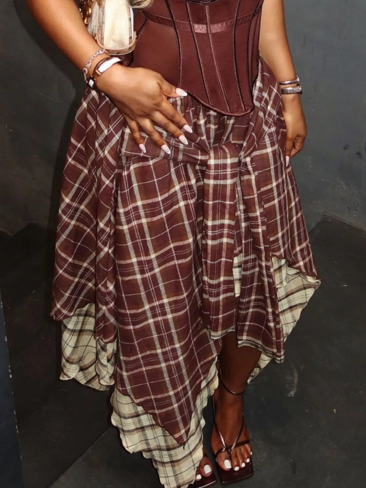 Asymmetrical plaid skirt, side view