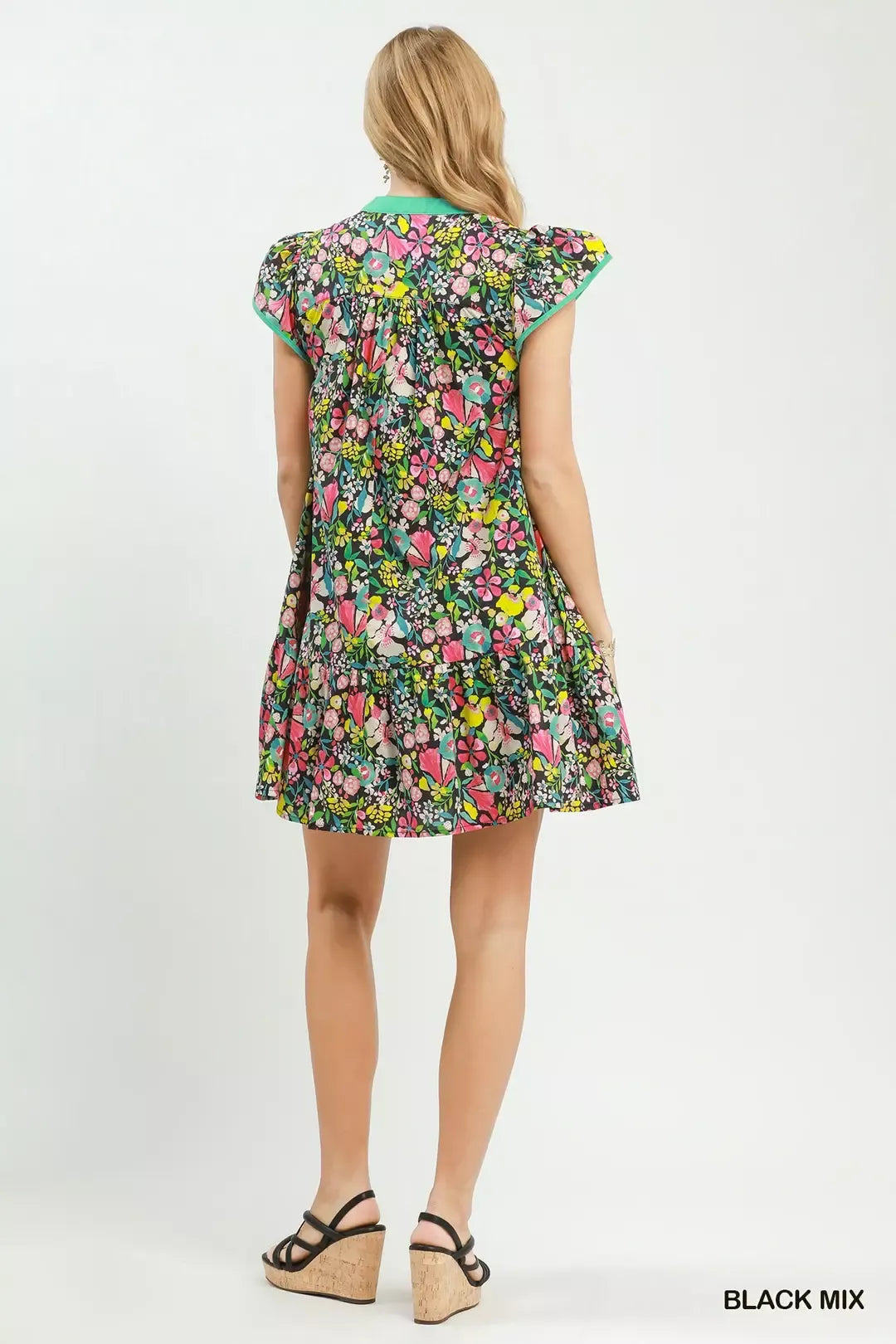 Floral Flutter Sleeve Tiered Mini Dress in Black detail