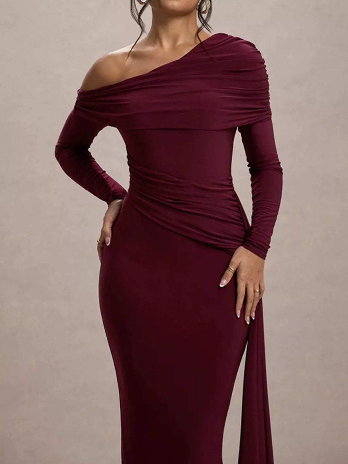 One shoulder ruched maxi dress styled full length