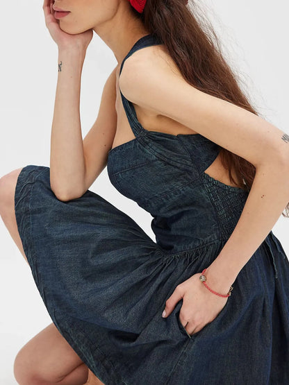 Smocked Crisscross Back Denim Mini Dress - Fashorio