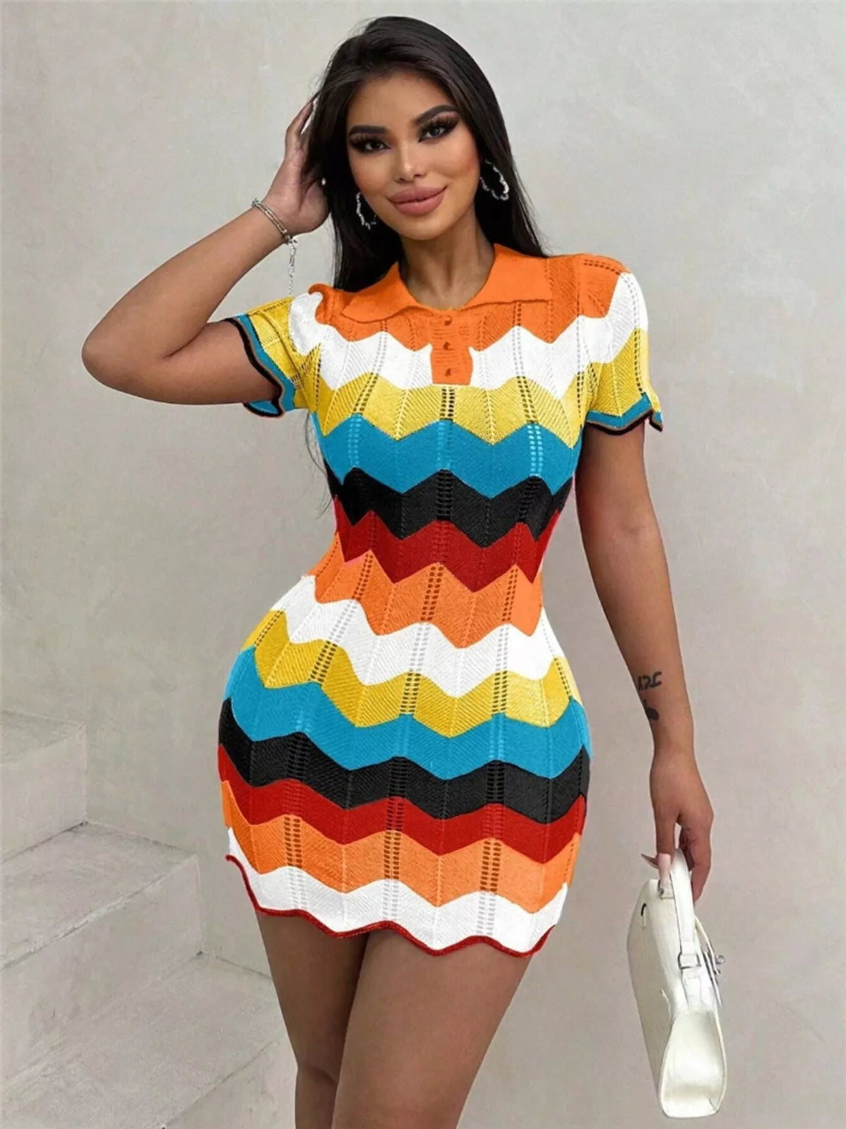 Short sleeve chevron knit dress full length look