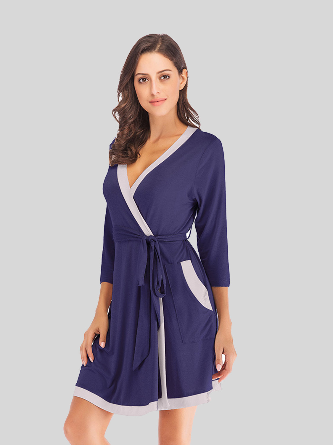 Tie Waist Surplice Neck Robe with Pockets Navy - Fashorio