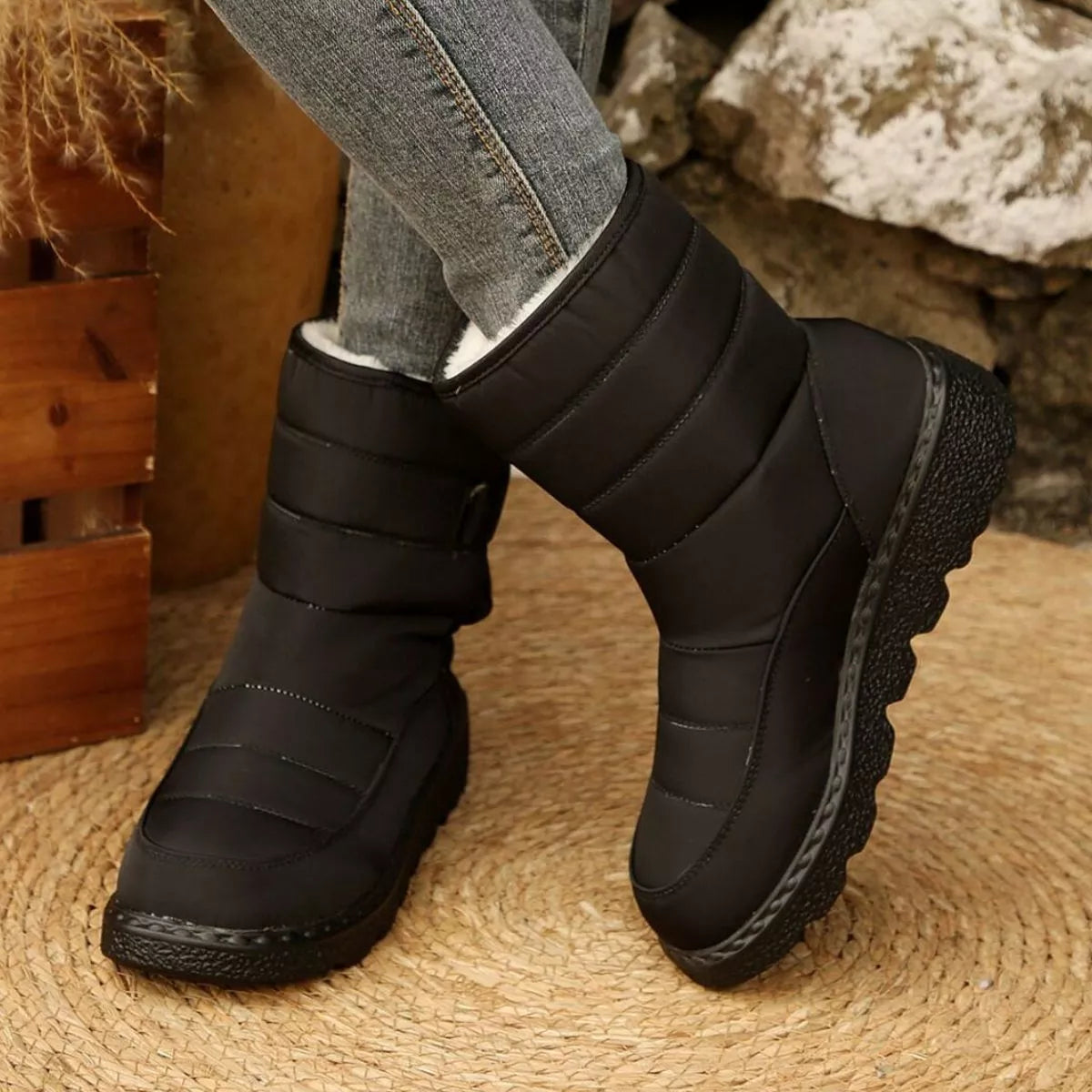 Round toe faux leather platform boots back view
