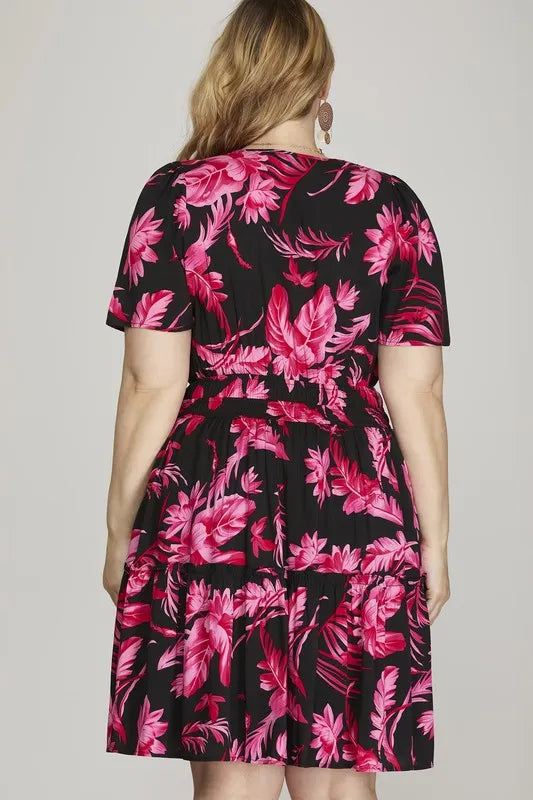 Printed Notched Short Sleeve Frill Tiered Dress detail