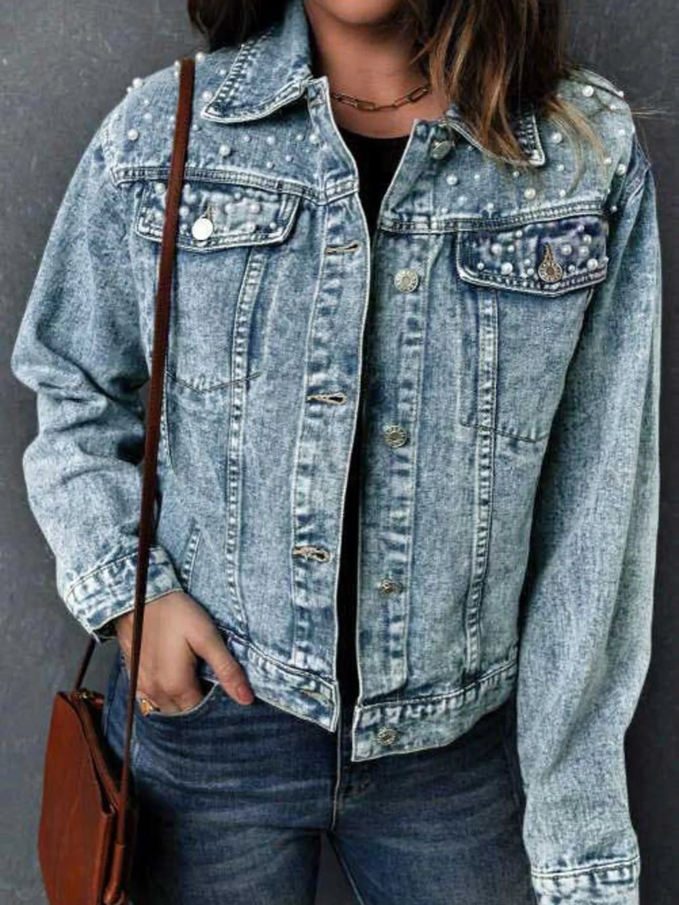 Full Size Pearl Detail Button Up Long Sleeve Denim Jacket Plus Size - Fashorio