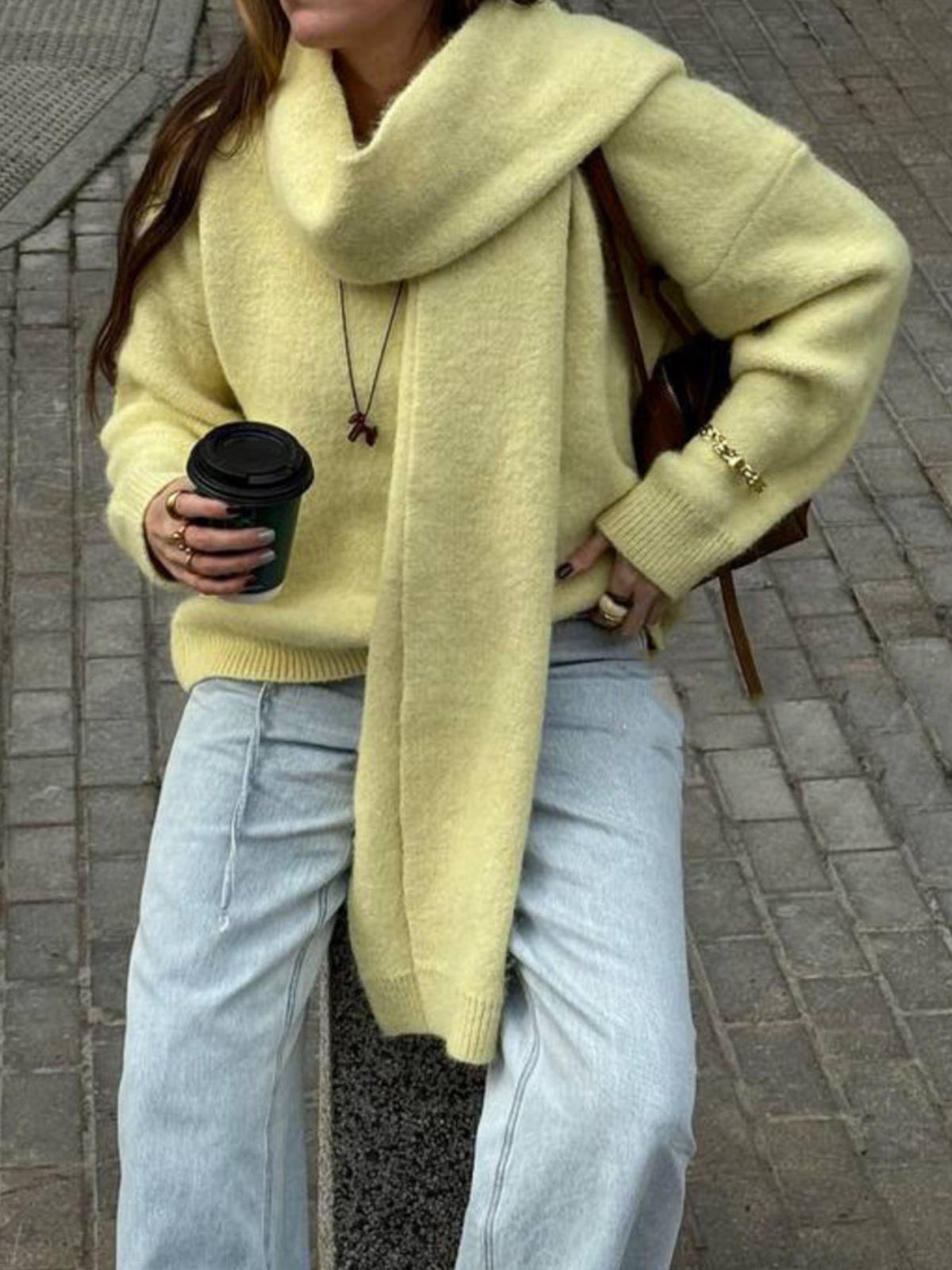 Oversized V Neck Dropped Shoulder Sweater with Scarf, view 12