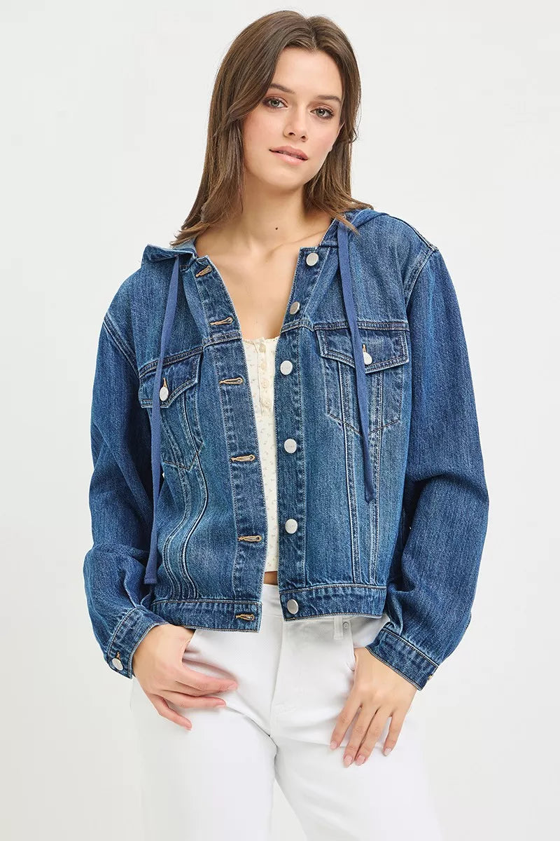 Medium wash hooded denim jacket styled view