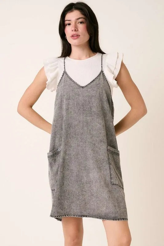 Washed Patch Pocket Mini Cami Denim Dress
