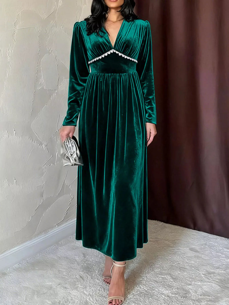 Green velvet V neck long sleeve maxi dress front view