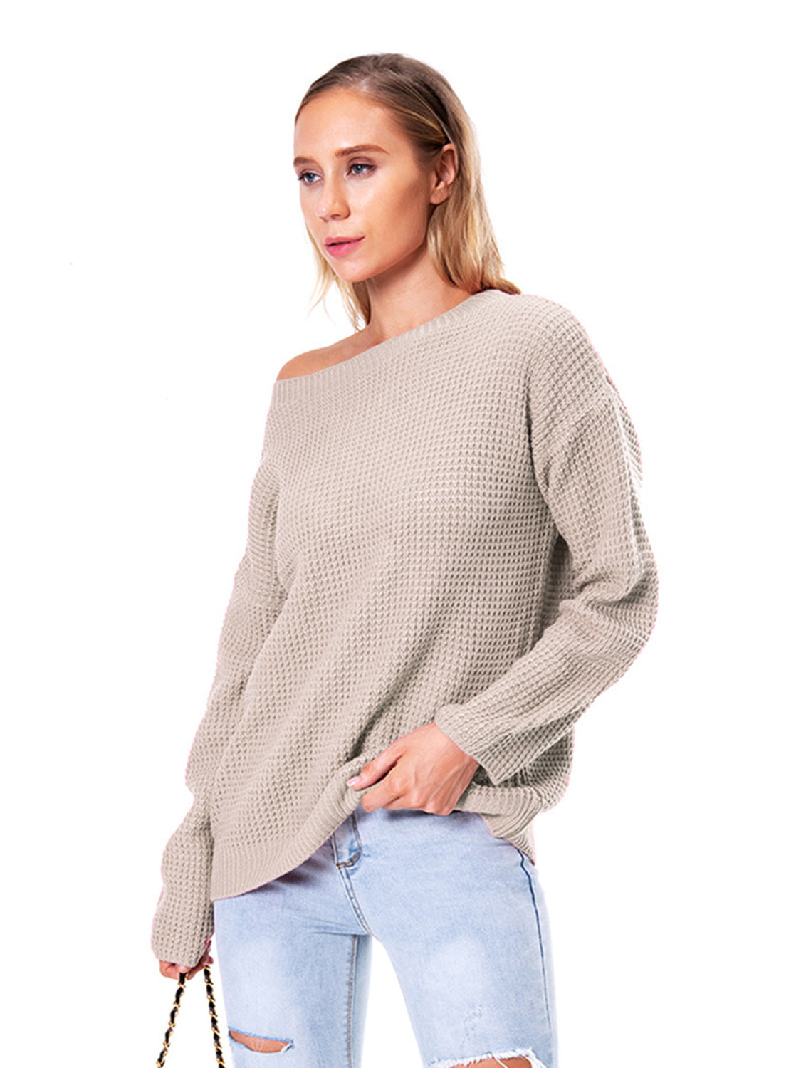 Boat Neck Drop Shoulder Long Sleeve Sweater - Fashorio