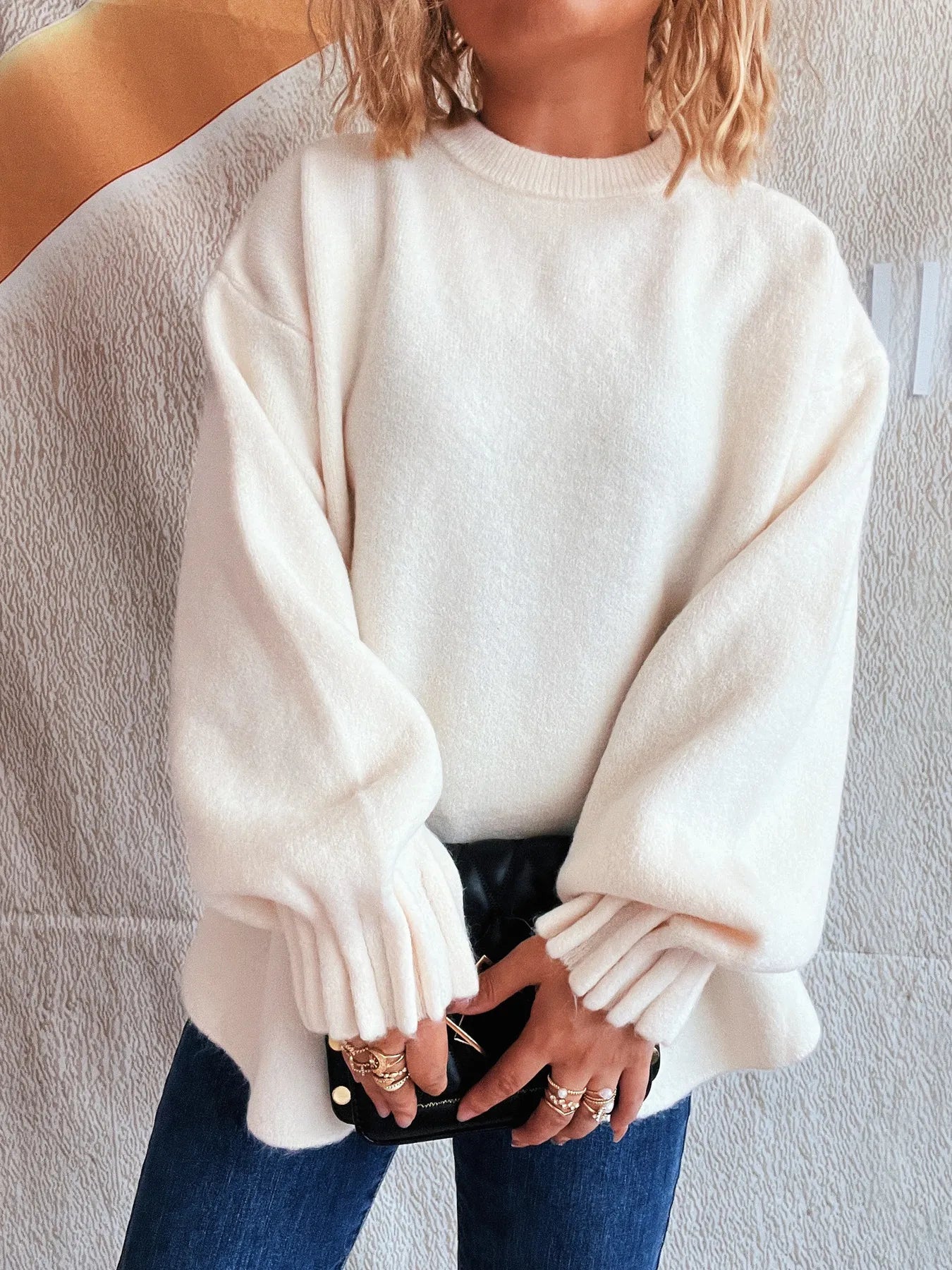 Round Neck Dropped Shoulder Sweater White One Size - Fashorio