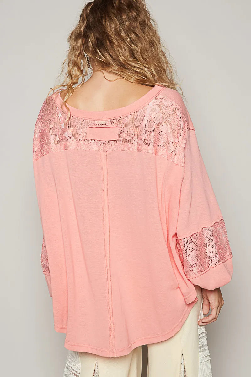 POL V-Neck Long Sleeve T-Shirt with Lace Detail - Fashorio