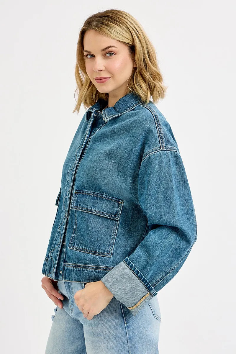 RISEN Oversized Cargo Pocket Denim Jacket with Cuffed Sleeves - Fashorio