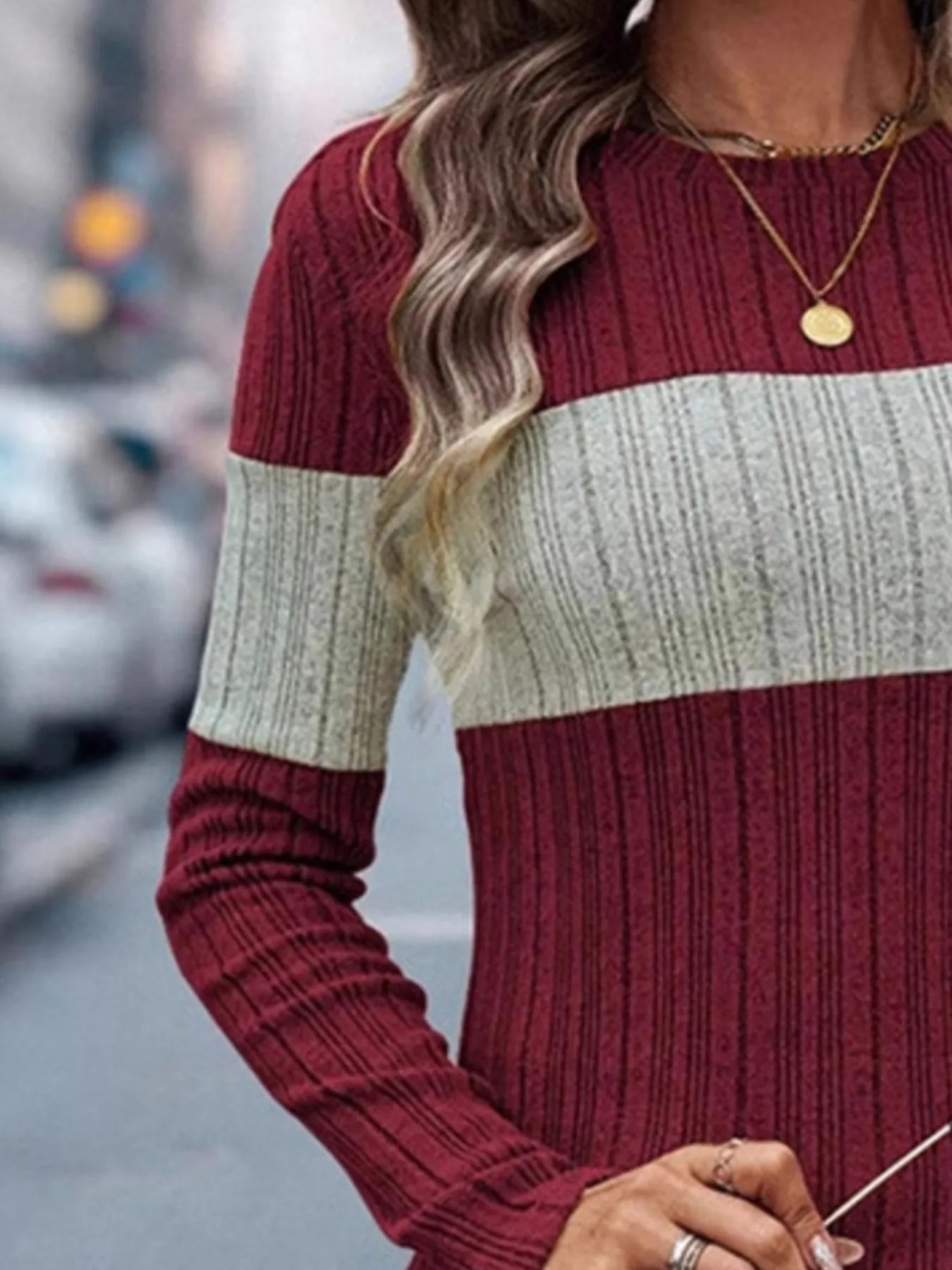 Color Block Round Neck Long Sleeve Sweater - Fashorio