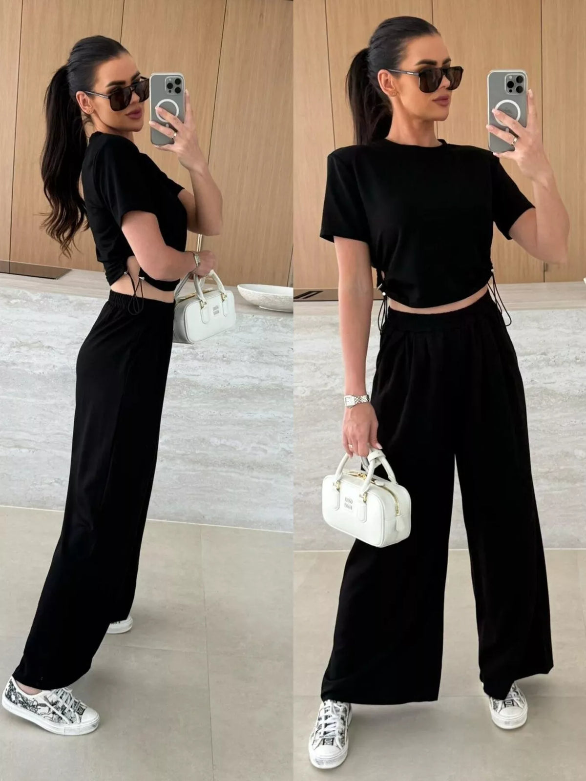 Drawstring Crop Top and Wide Leg Pants Set, view 9