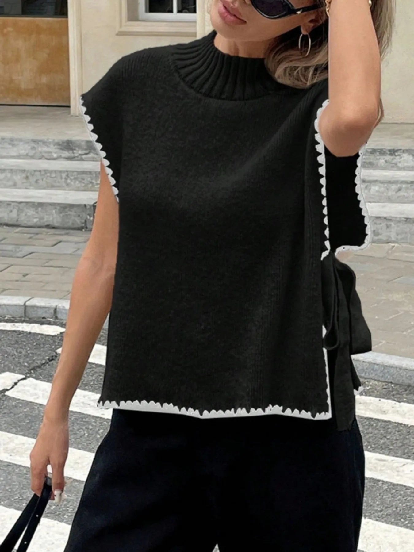 Ribbed Turtleneck Sweater Vest with Contrast Trim Black - Fashorio