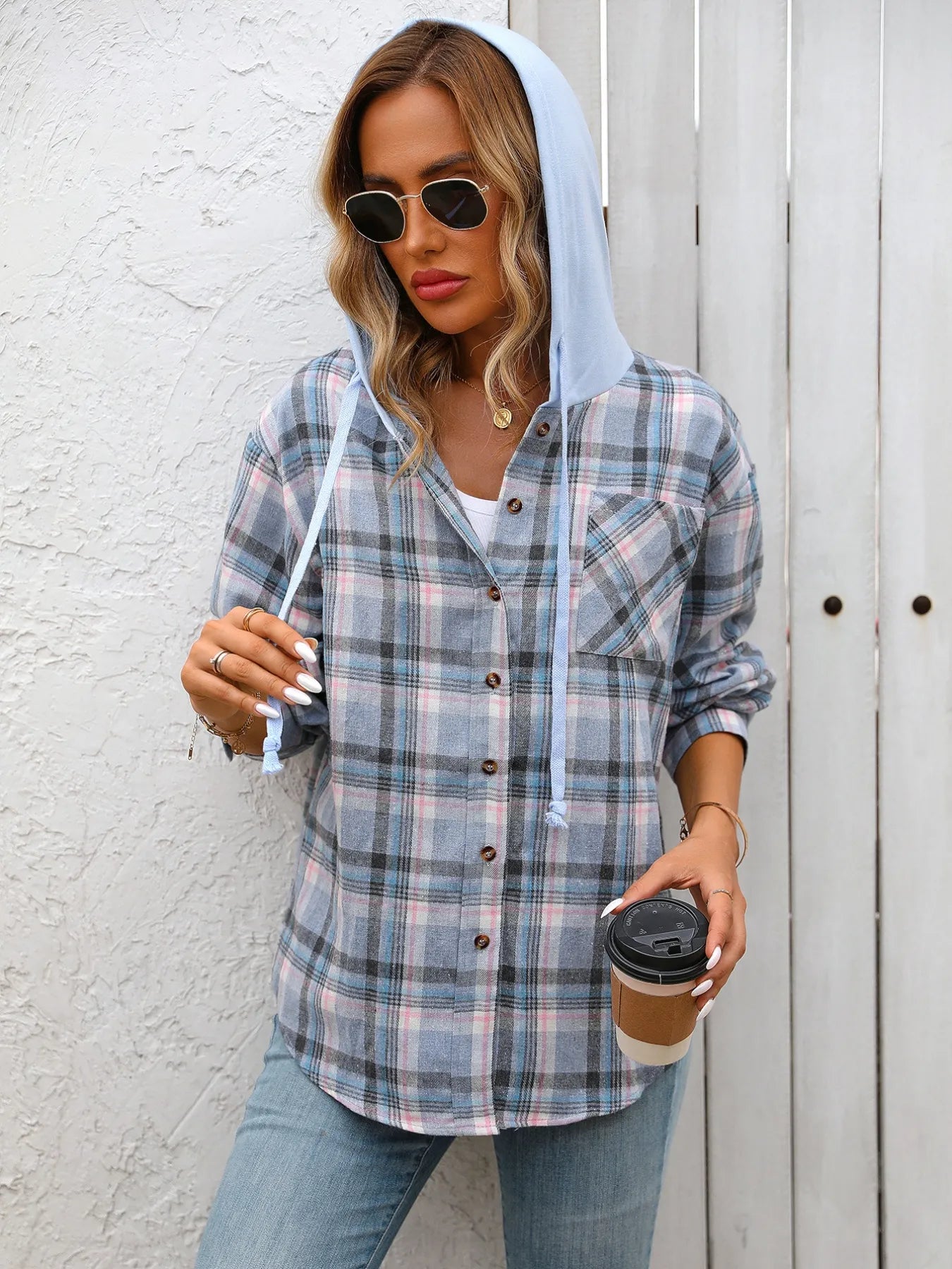 Plaid Button-Up Hooded Shirt - Fashorio