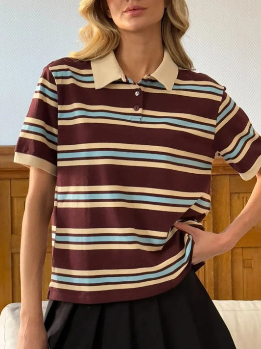Striped Polo T-Shirt with Contrast Collar Dark Brown - Fashorio