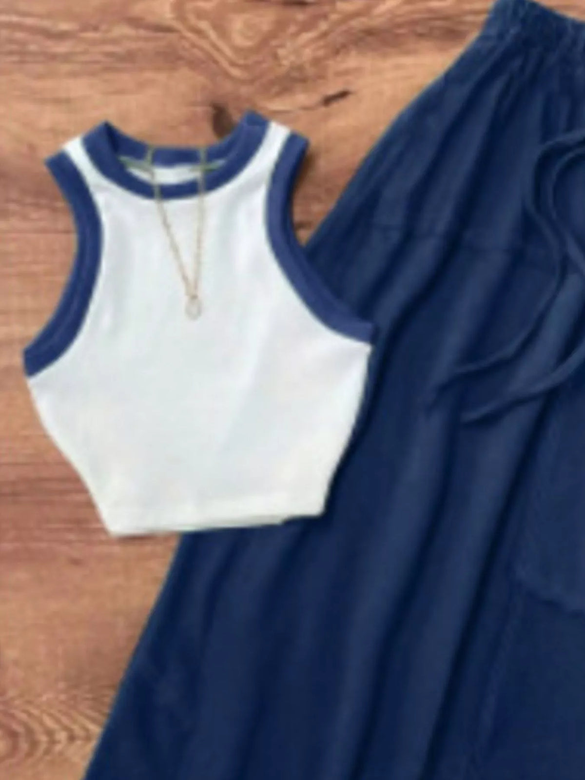 Contrast Trim Tank and Drawstring Skirt Set, view 6