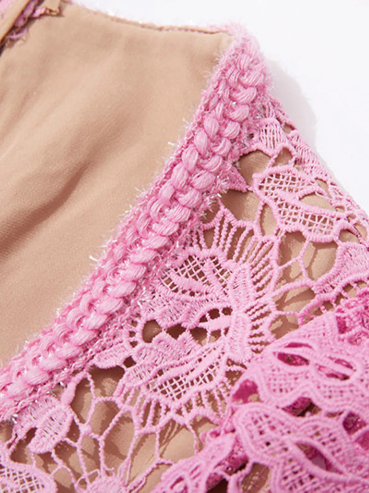 Pink lace midi dress on model