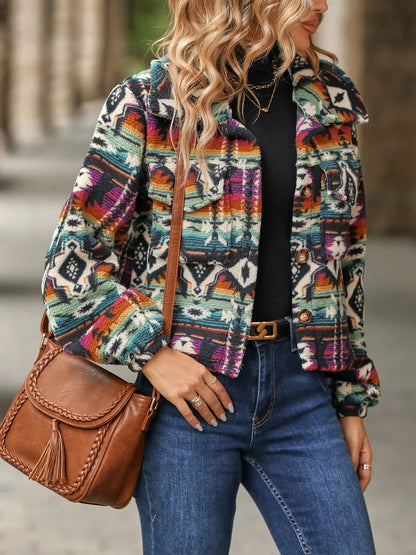 Geometric Dropped Shoulder Balloon Sleeve Outerwear - Fashorio
