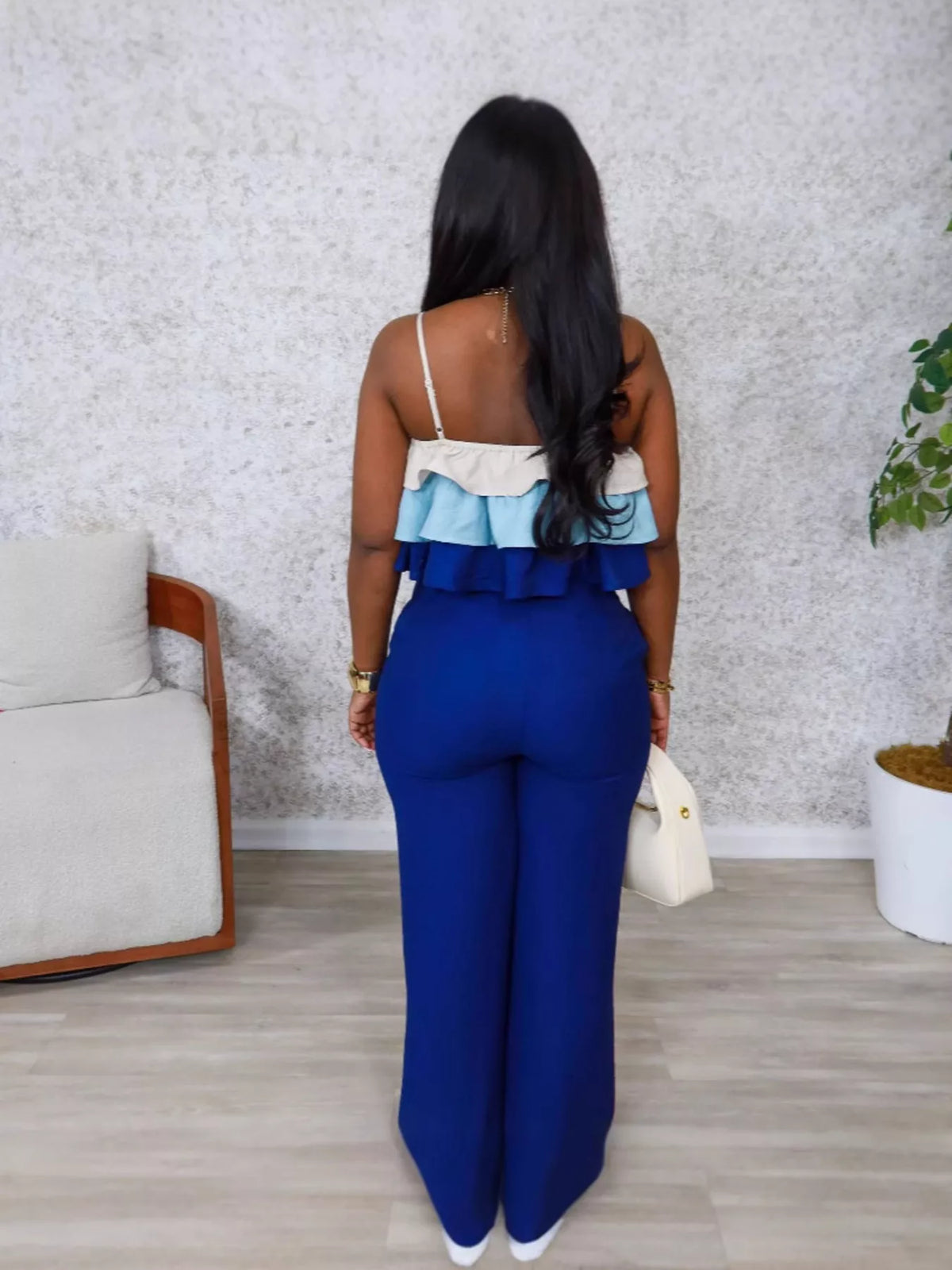 Blue ruffle crop top and pants two piece set full look
