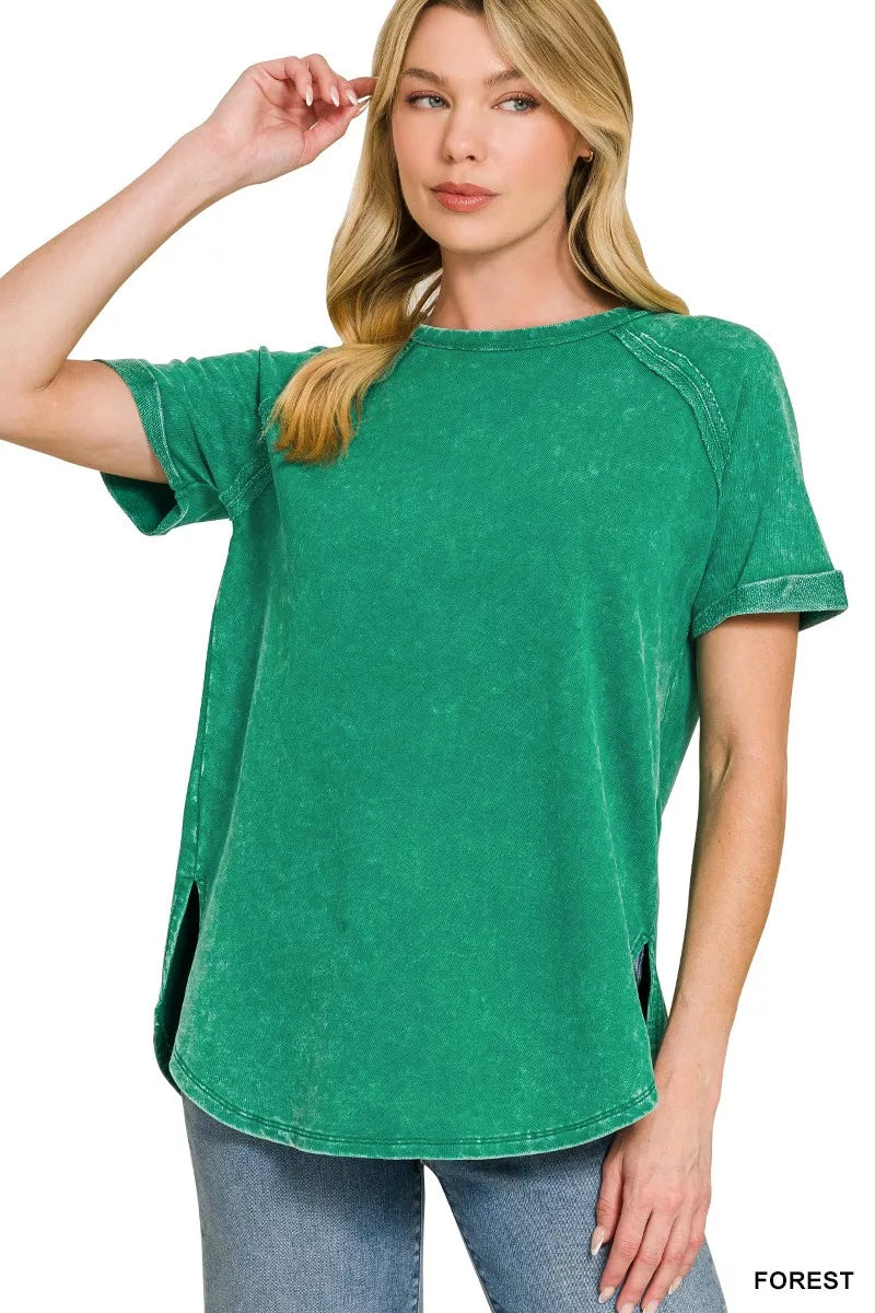 Forest green Zenana French terry curved hem top, front view