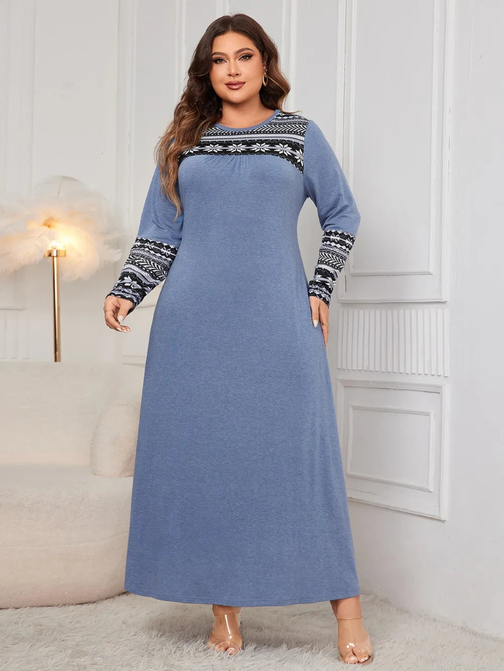 Plus size printed round neck long sleeve dress back view