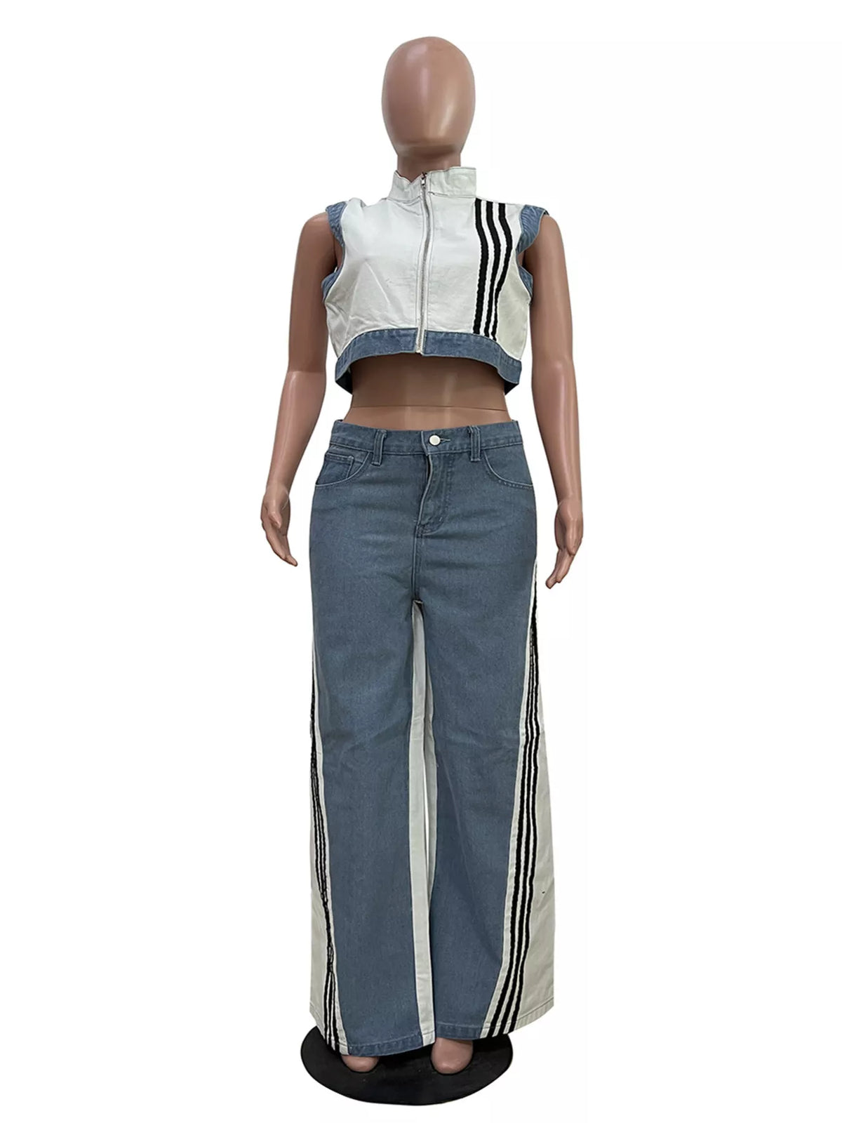 Zip Front Crop Top and Striped Pants Set, view 5