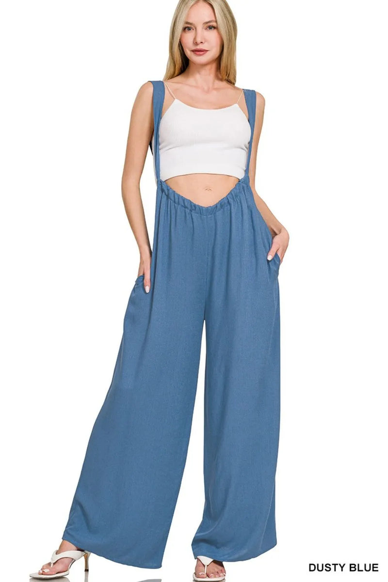 Woven Tie Back Suspender Jumpsuit