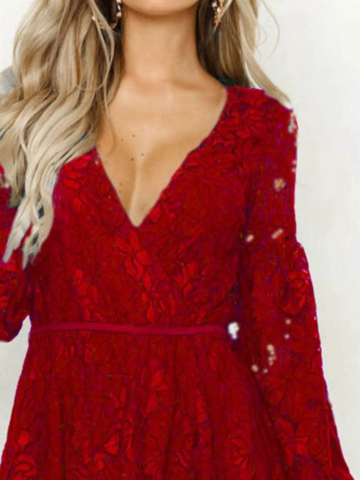 Black lace V neck mini dress front