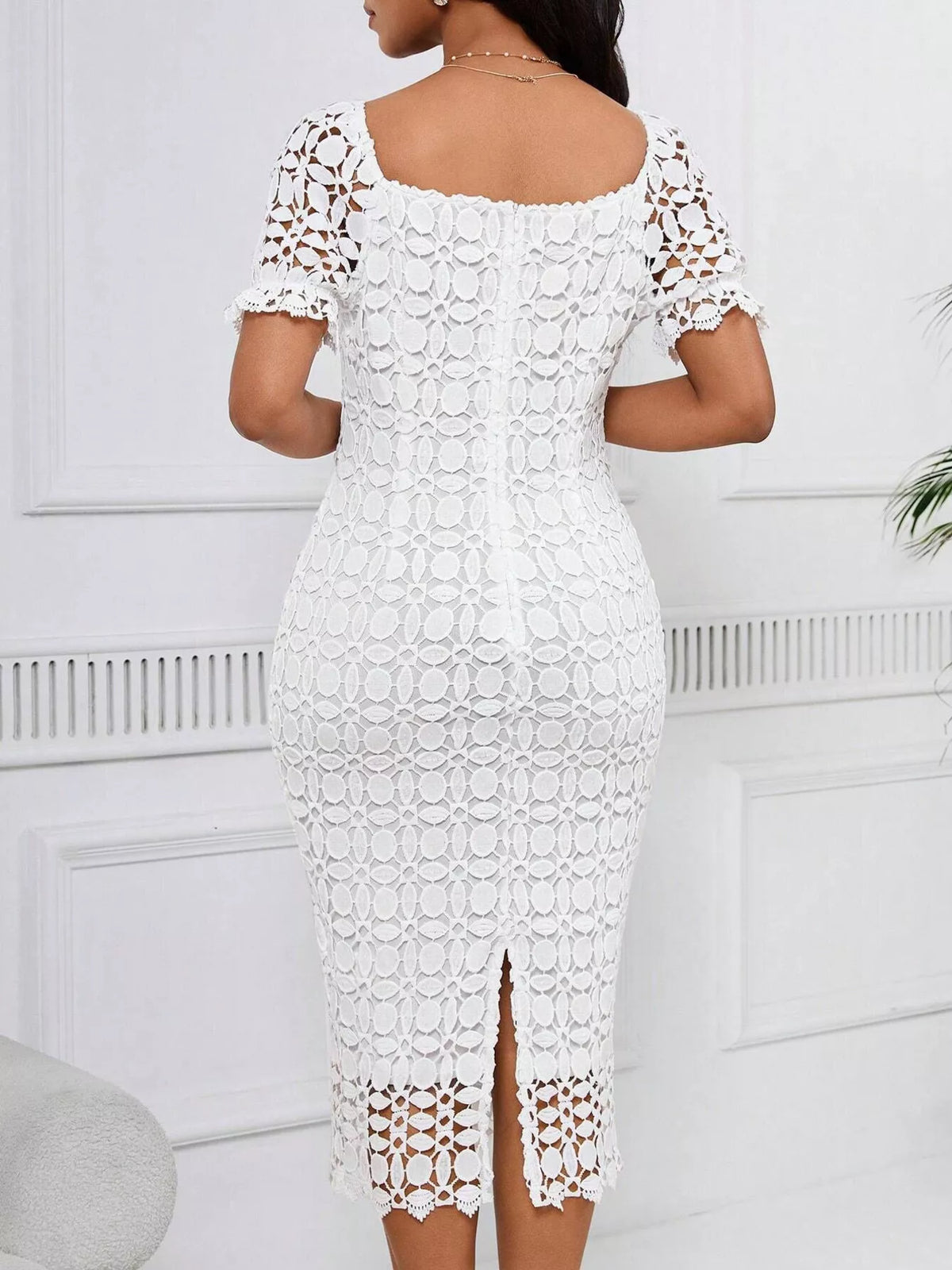 lace short sleeve midi dress full length view