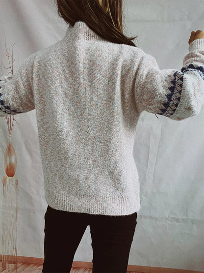 Geometric Mock Neck Dropped Shoulder Sweater - Fashorio