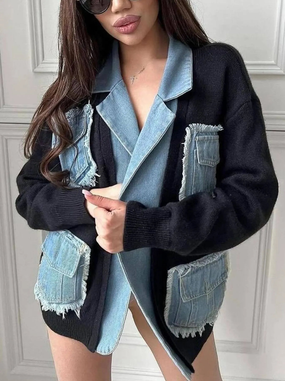raw hem patchwork pocket cardigan fabric knit detail