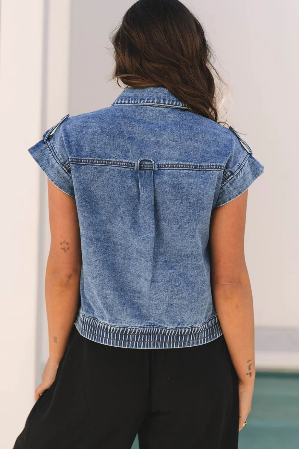 Button Up Cap Sleeve Denim Jacket - Fashorio