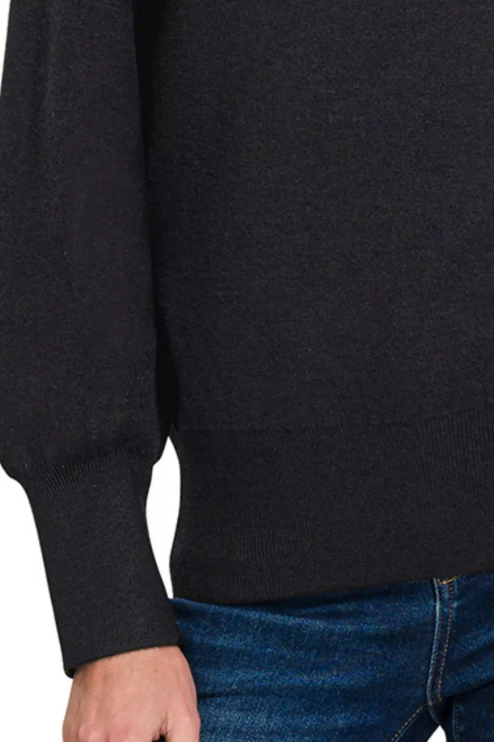 Viscose Mock Neck Exposed Seam Sweater in Black side view