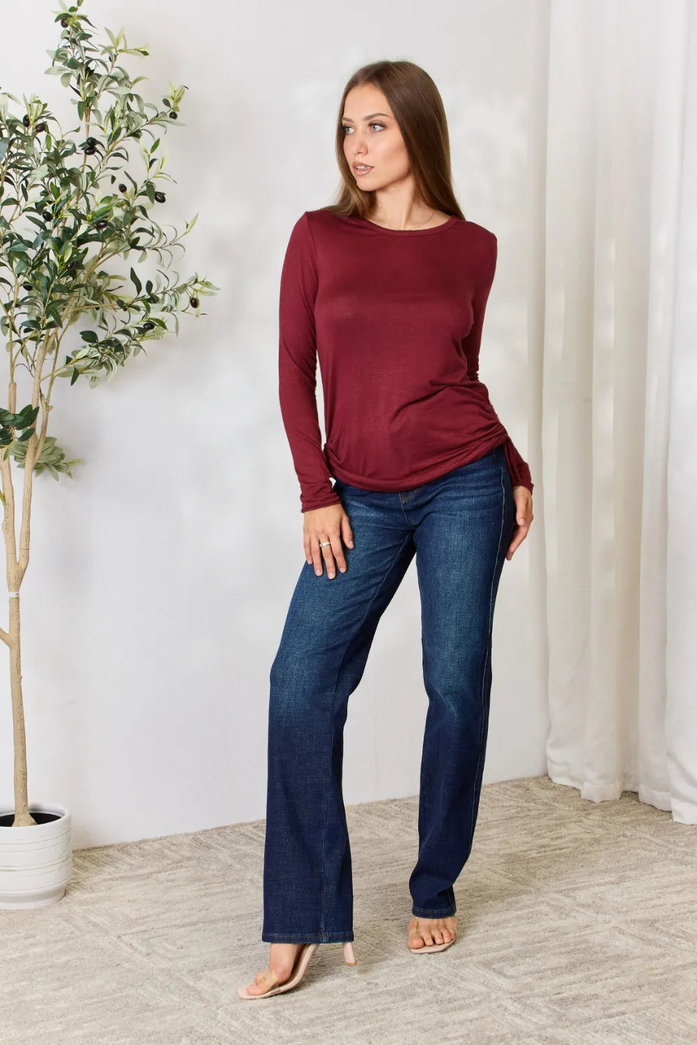 Culture Code Full Size Drawstring Round Neck Long Sleeve Top - Fashorio