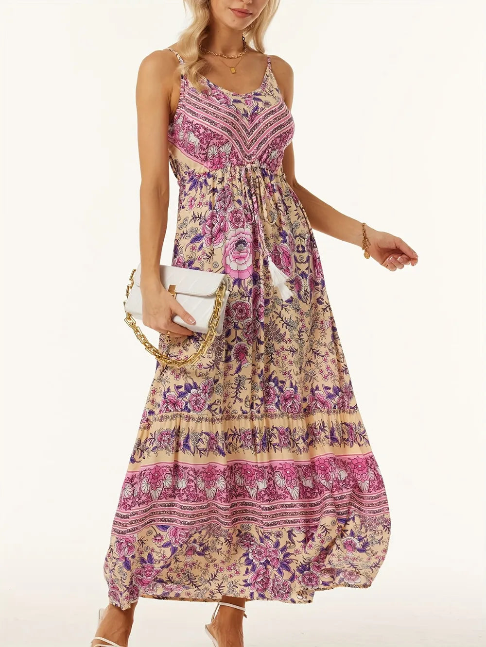 Printed cami dress strap and shoulder detail