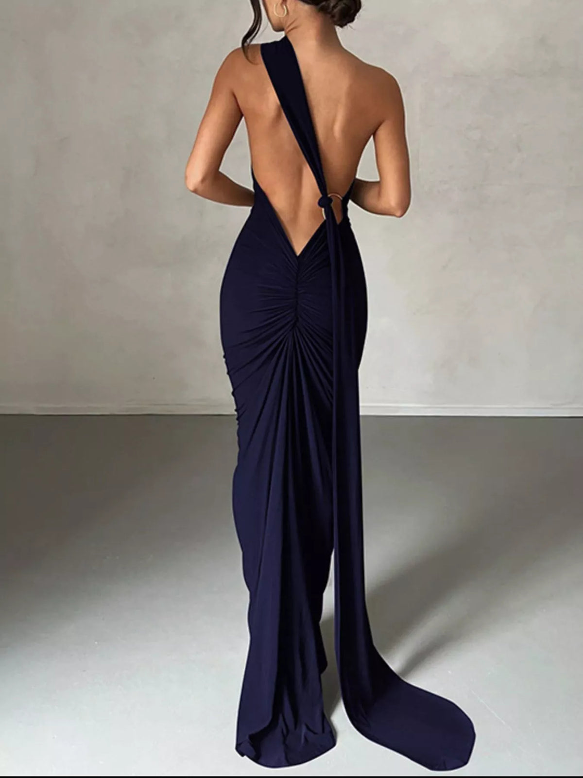 One Shoulder Ruched Bodycon Maxi Dress back view