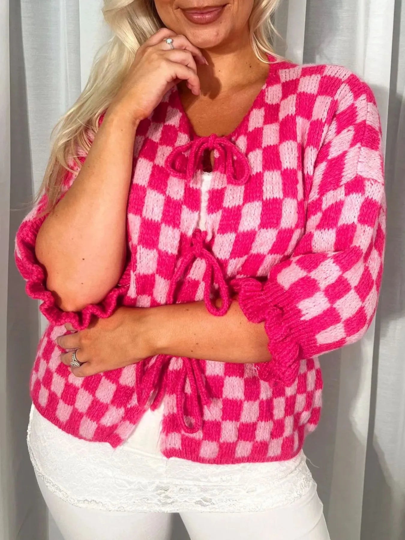 Checkered Tie-Front Knit Cardigan - Fashorio