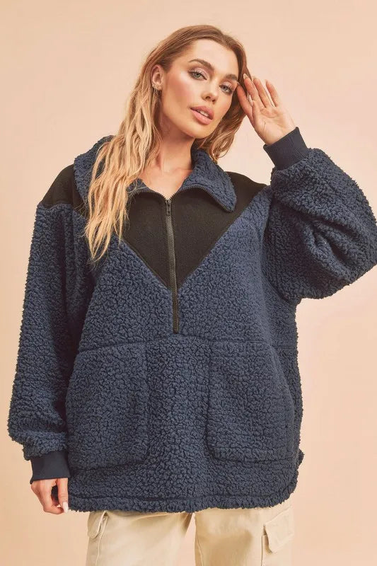 Two tone fleece sweatshirt styled on model