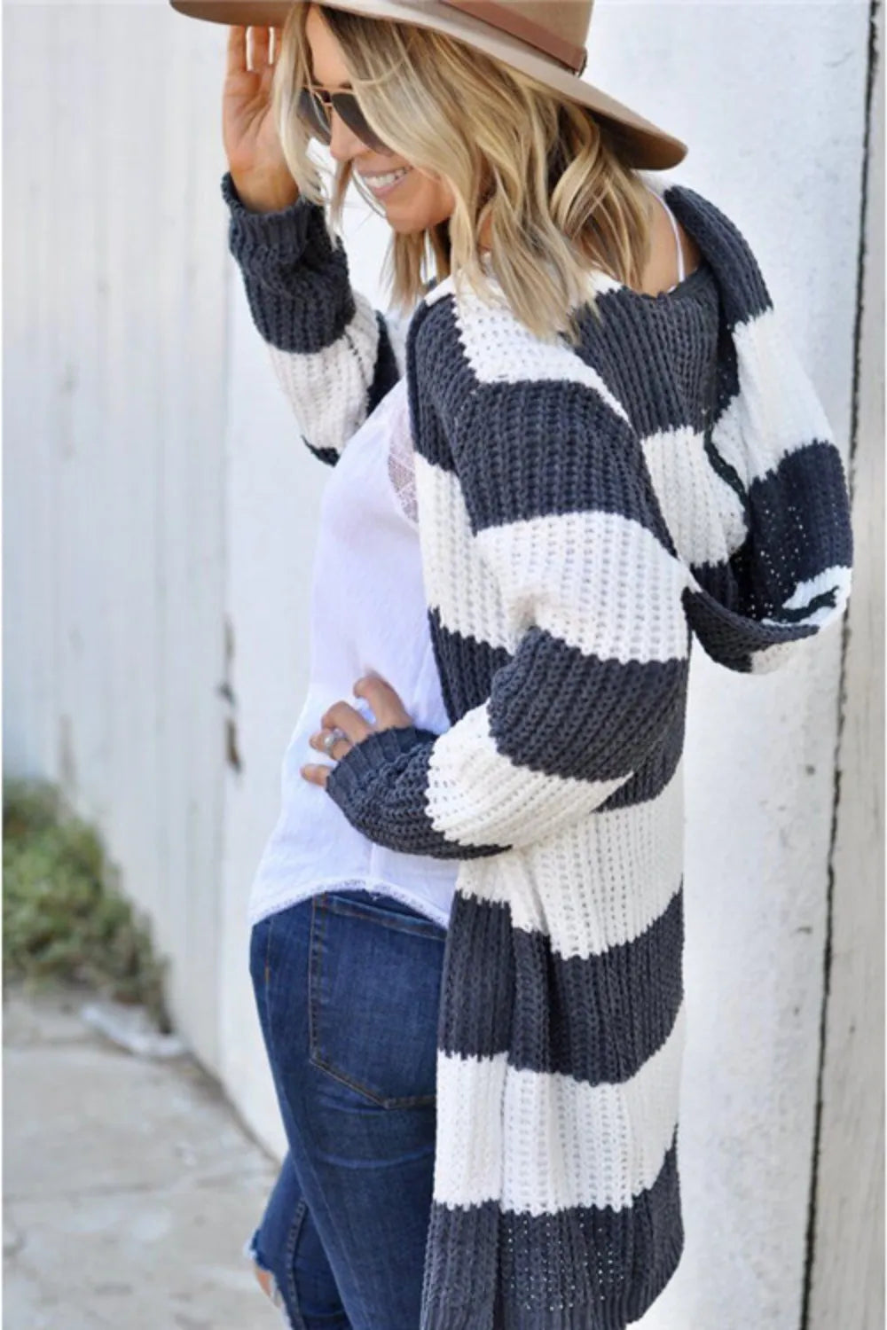 Contrast Stripes Open Front Long Sleeve Cardigan - Fashorio